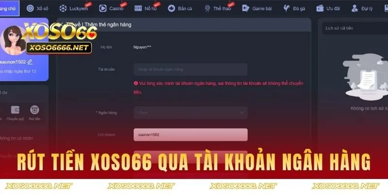Cách rút tiền XOSO66 qua tài khoản ngân hàng